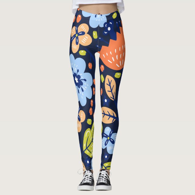 Färgblommor på mörkens marinblå bakgrund leggings (Framsida)