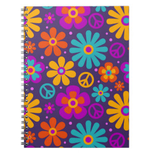 Färgblommor Peace Kärlek Groovy Retro Hippie Anteckningsbok