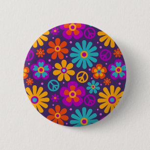 Färgblommor Peace Kärlek Groovy Retro Hippie Knapp