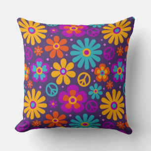 Färgblommor Peace Kärlek Groovy Retro Hippie Kudde