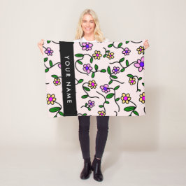 Färgblommor, Rosa bakgrund, svart Fleecefilt