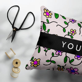 Färgblommor, Rosa bakgrund, svart Prydnadskudde