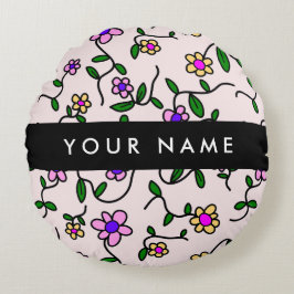 Färgblommor, Rosa bakgrund, svart Rund Kudde