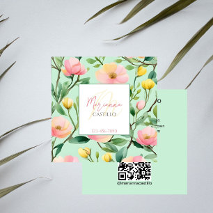 Färgblommor rosa grönt mall qr fyrkantigt visitkort