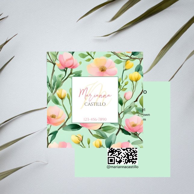 Färgblommor rosa grönt mall qr fyrkantigt visitkort (Colorful flowers pink green template qr square business card professional makeup artist stylist )