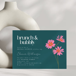 Färgblommor Rosa Teal Blommigt Brunch BubLY Inbjudningar