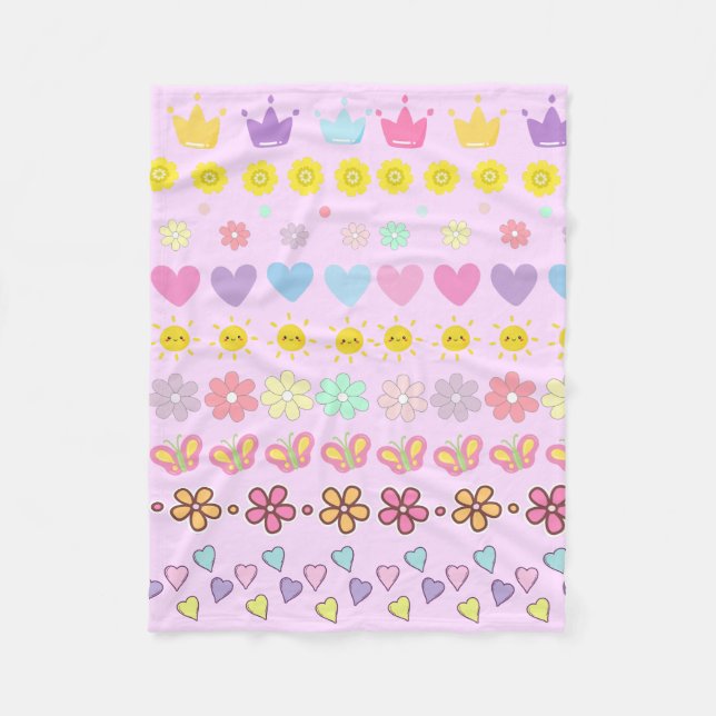 Färgblommor Sol & Hearts Mönster, Rosa Blommigt Fleecefilt (Framsidan)