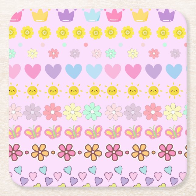 Färgblommor Sol & Hearts Mönster, Rosa Blommigt Underlägg Papper Kvadrat (Framsidan)