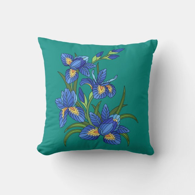 Färgblommor, söt blå iris på teal kudde (Framsida)