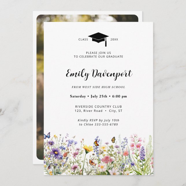 Färgblommor trädgårdsfoto Studenten på baksidan Inbjudningar (Fram/baksida)