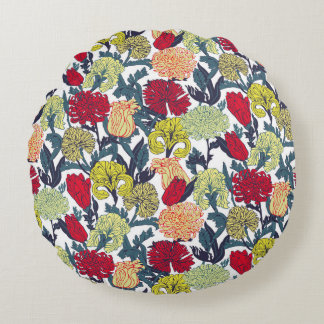 Färgblommor utan sammet Mönster på vit backgro Rund Kudde