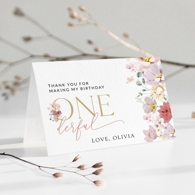 Färgblommor, vilda blommor, första födelsedagen tack kort (Skapare uppladdad)
