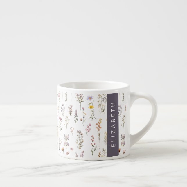 Färgblommor, Wildblommor, Greenery, ditt namn Espressomugg (Höger)