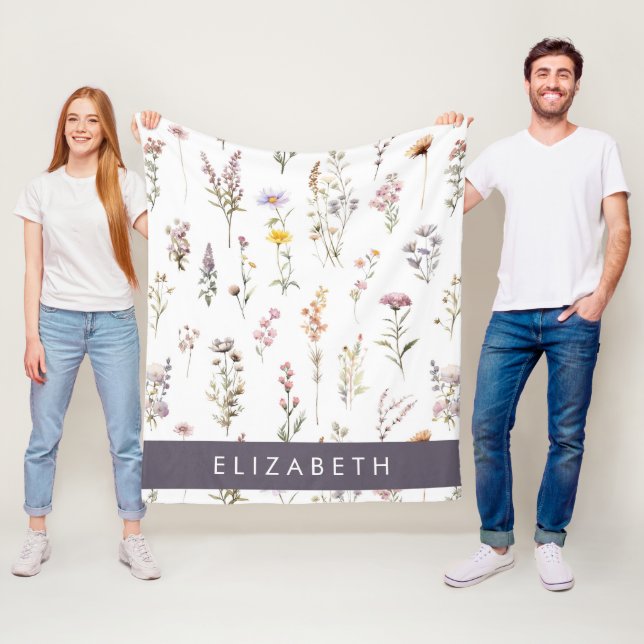 Färgblommor, Wildblommor, Greenery, ditt namn Fleecefilt (På plats)