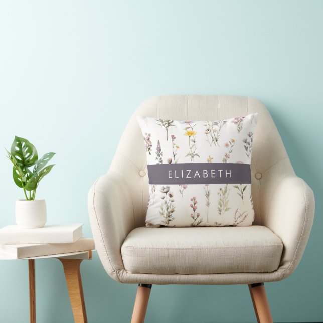 Färgblommor, Wildblommor, Greenery, ditt namn Kudde (Stol)