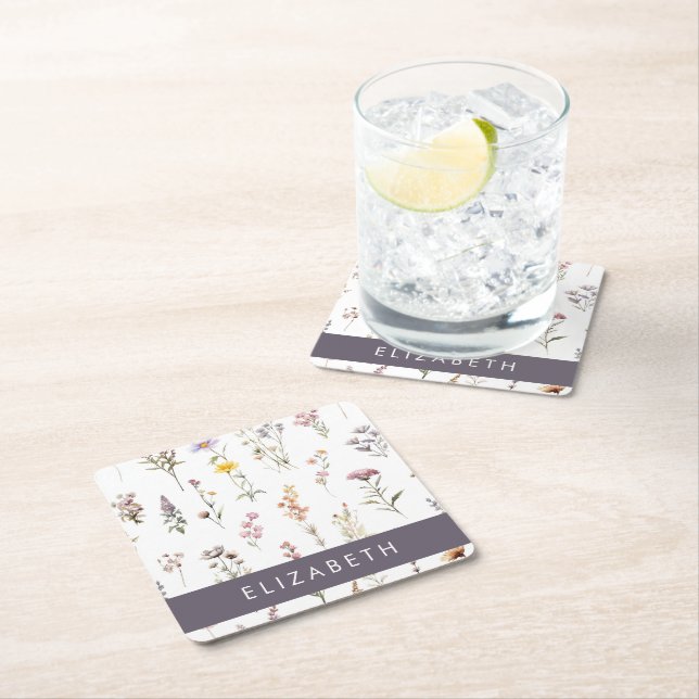 Färgblommor, Wildblommor, Greenery, ditt namn Underlägg Papper Kvadrat (Insitu)