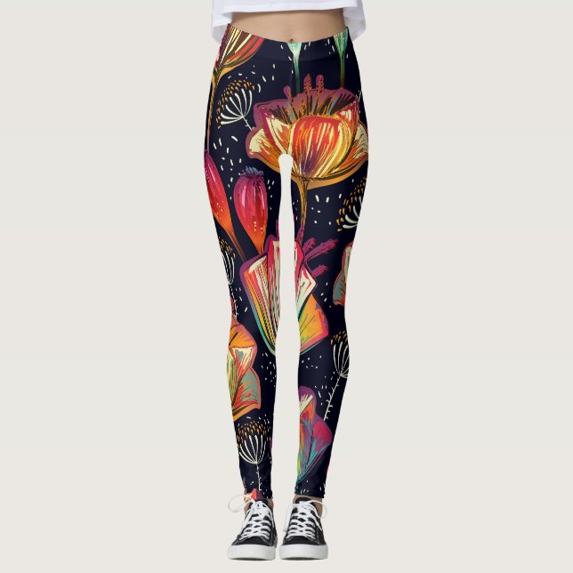 Färgblomningsanläggningar Vintage Mönster Leggings (Framsida)