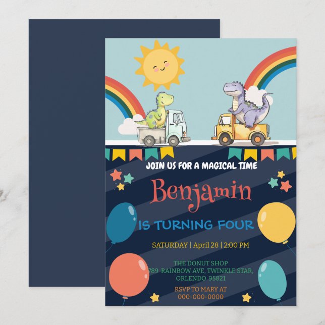Färgbocken lastbil i cute dinosaurs Birthday, drag Inbjudningar (Fram/baksida)