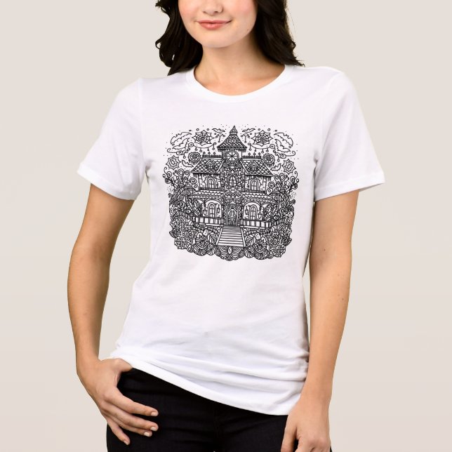 Färgbok Spökhus Mandala T Shirt (Framsida)