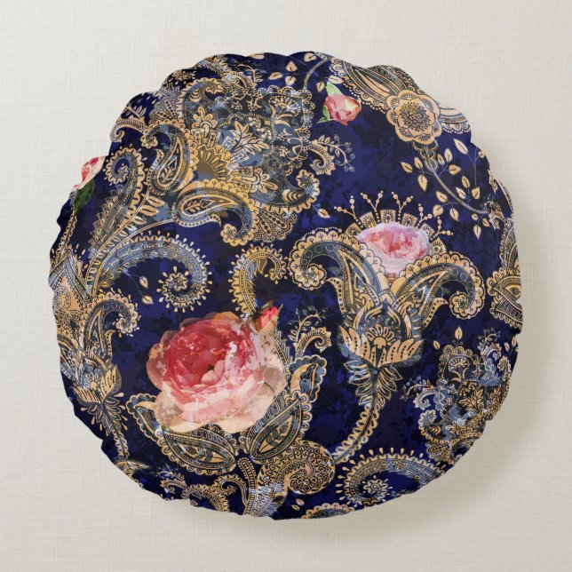 Färgdekorativa blommor Batik Rund Kudde (Framsidan)