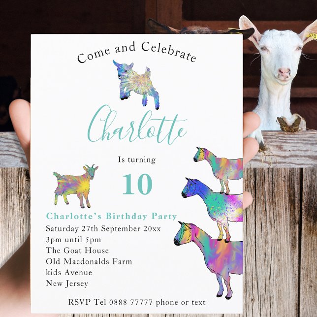 Färgdjur för matgetter Art 10:e Födelsedagsfesten Inbjudan Vykort (Cute goats colorful animal art 10th birthday party invitation )