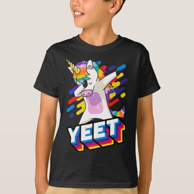 Färgdoftande dabbing Dancing Unicorn Firande Yeet T Shirt (Framsida)