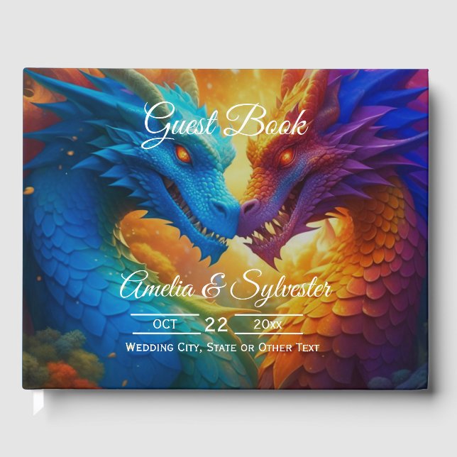Färgdragoner i Kärlek Blue Bröllop Guest Bok (Framsida)