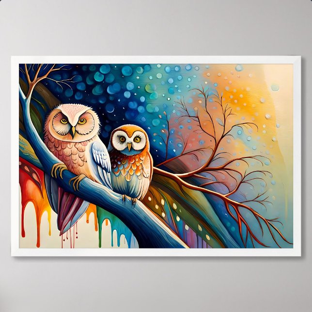 Färgdropp med färgämnet träd gren i uggla poster (owl painting perch tree branch paint colorful drip)