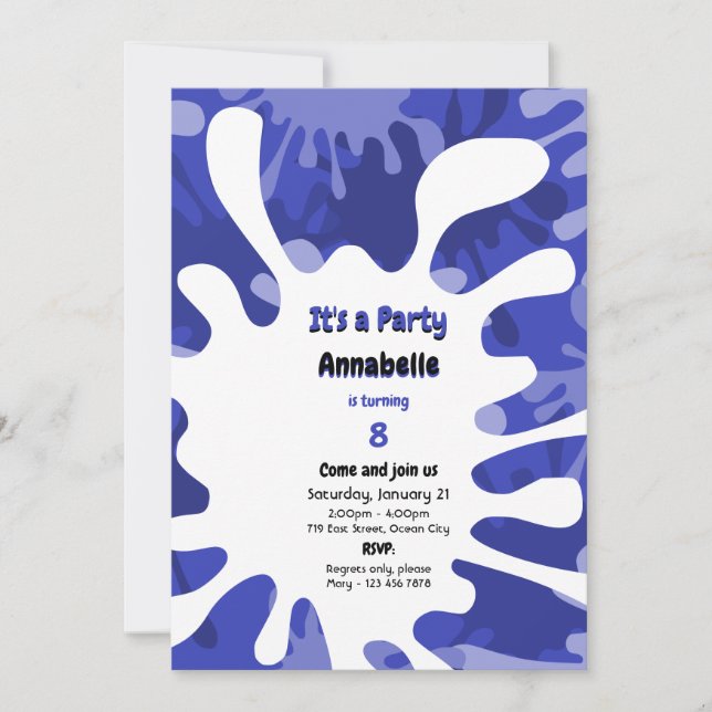 Färgdroppar Det är en Party Blue Art-Födelsedagsfe Inbjudningar (Framsida)