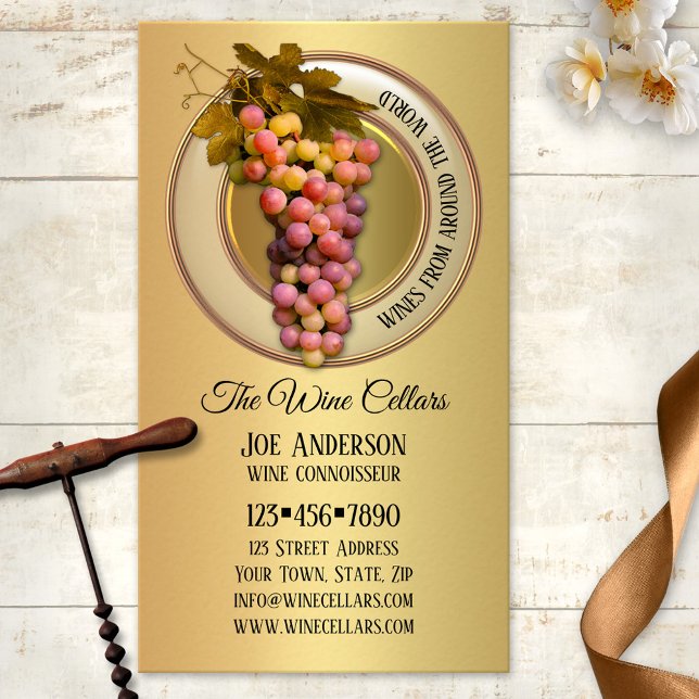 Färgdruvor på Affärskortet Guld Vin Visitkort (Business card featuring colorful grapes on a stylized gold metallic background - vineyard - winery)