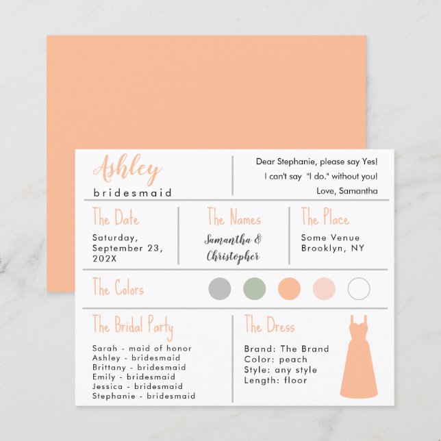 Färgen på persikodräkt Information om brudtärna (Fram/baksida)