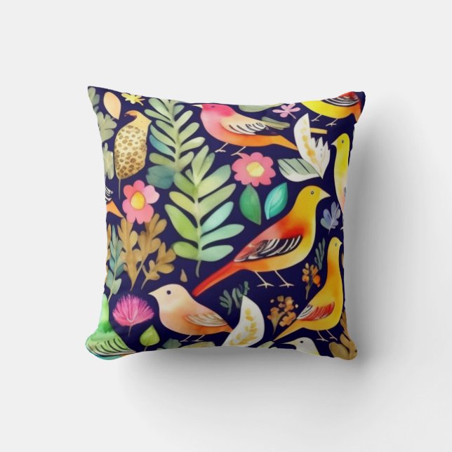 Färgfåglar blommönster blue decor kudde (Framsida)