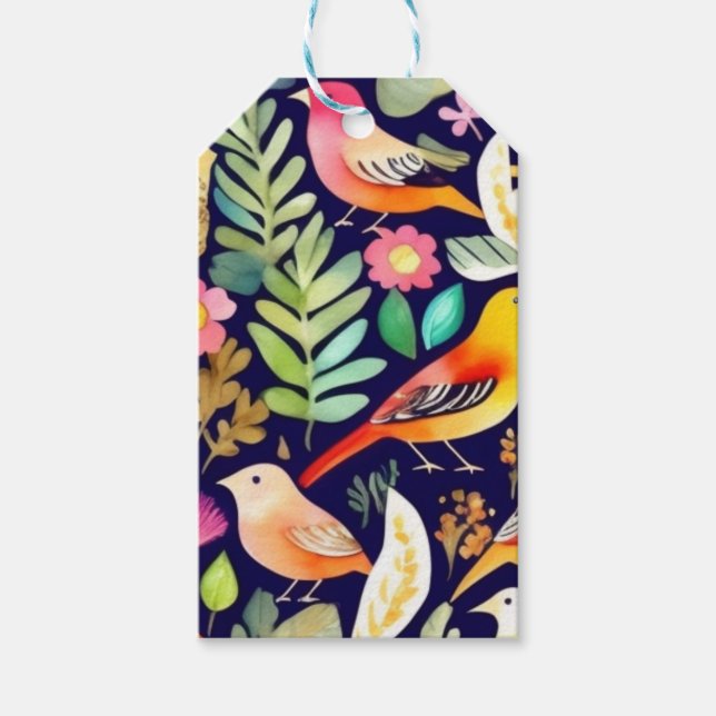 Färgfåglar blommönster blue decor presentetikett (Framsidan)