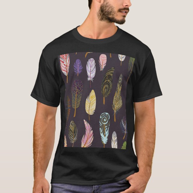 Färgfåglar Feathers Watercolor Mönster T Shirt (Framsida)