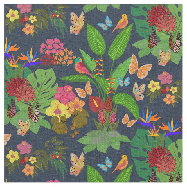Färgfåglar, fjäril, tropiska vilda blommor tyg (Närbild)