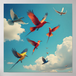 Färgfåglar i blå himmel poster