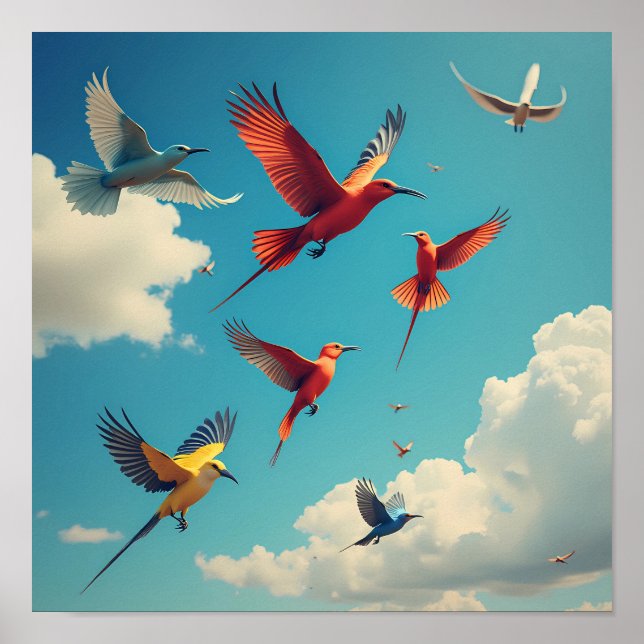 Färgfåglar i blå himmel poster (Framsidan)