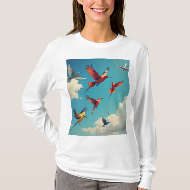 Färgfåglar i blå himmel t shirt (Framsida)