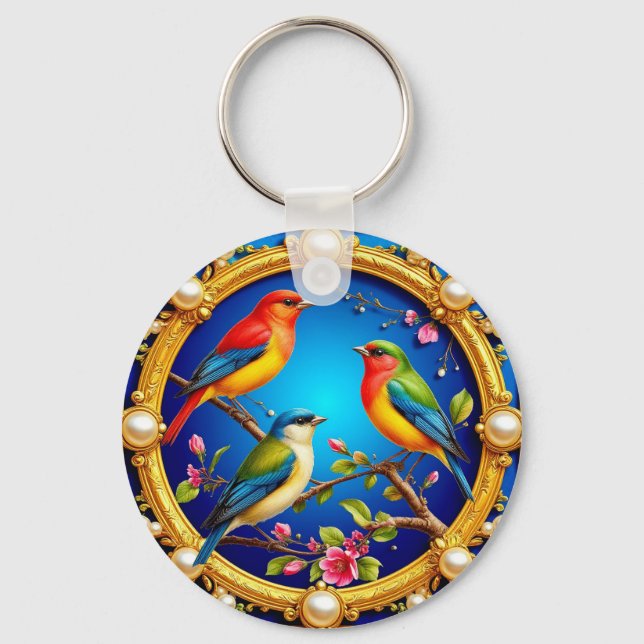 Färgfåglar i Ornate Golden Ram Nyckelring (Framsida)