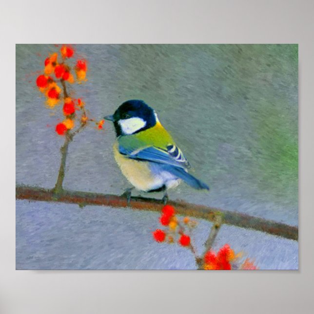 Färgfåglar med rött/orange blommor poster (Framsidan)