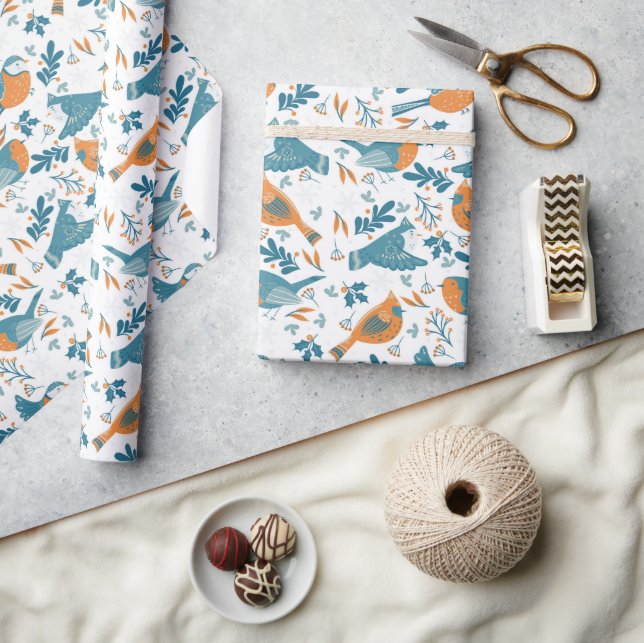 Färgfåglar med vinter- och julsymboler presentpapper (Hantverk)