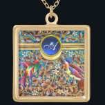FÄRGFÅGLAR OCH BLOMMIGT SWIRLS BLUE GEM MONOGRAM GULDPLÄTERAT HALSBAND<br><div class="desc">Vibrant,  färglöst Vår blommor och små kolibrier i guld och blått. Elegant,  konstnärlig,  designinspirerad antika Art nouveau-bohemiska emeler i turkospblått, rött, teal, guld gult, violett, vit färg med 3D Blue sapphire gemstone.Digital grafikteknik, 3D-modellering av Bulgan Lumini (c)</div>