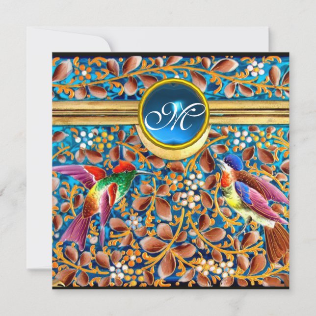 FÄRGFÅGLAR OCH BLOMMIGT SWIRLS BLUE GEM MONOGRAM INBJUDNINGAR (Framsida)