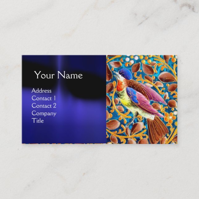 FÄRGFÅGLAR OCH BLOMMIGT SWIRLS BLUE GEM MONOGRAM VISITKORT (Framsida)