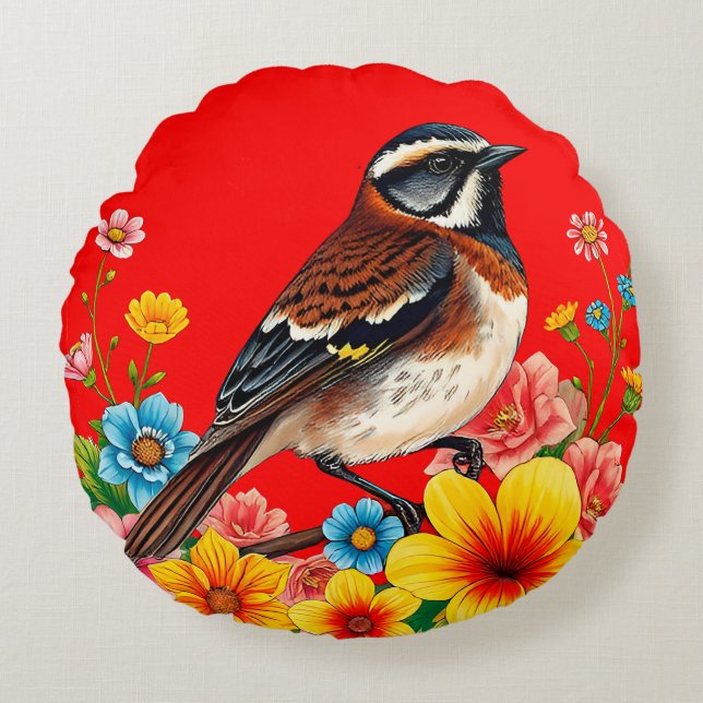 Färgfåglar som förekommer bland blommor rund kudde (Framsidan)