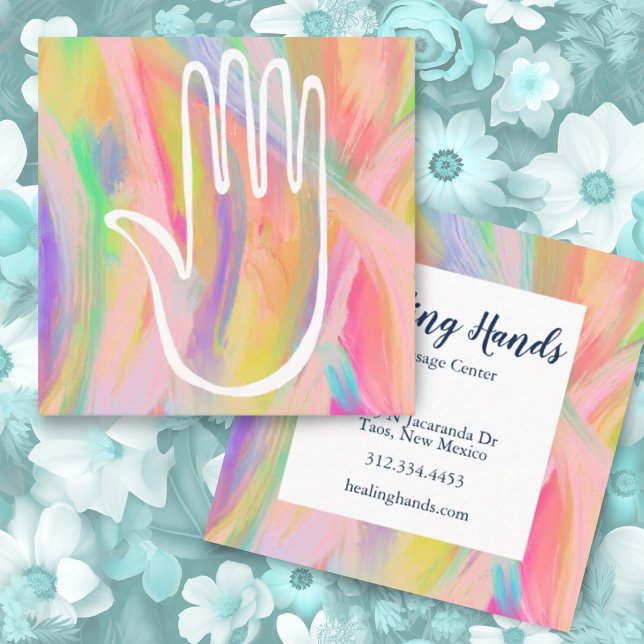 Färgfärg för läshand-regummering av färgolja fyrkantigt visitkort (Healing hands custom square business cards with colorful abstract art)
