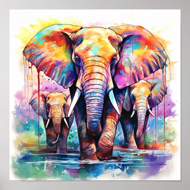 Färgfärg på Elephants Watercolor Painting Poster (Framsidan)