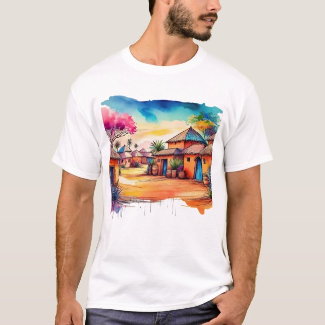 Färgfärg på vattenfärgen i afrikanska byar t shirt (Framsida)