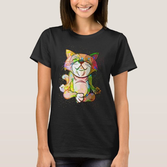 Färgfärg Stänk Meditation Yoga Relaxing Cat T Shirt (Framsida)
