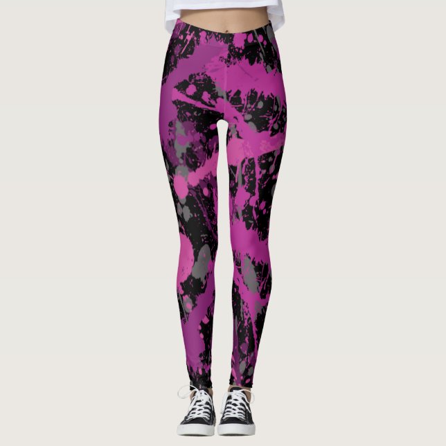 Färgfärgad Rosa Paint Splatter Leggings (Framsida)